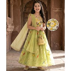 Pine Kids Woven Sleeveless Choli Lehenga Set With Dupatta & Sequin Floral Detailing - Olive Green