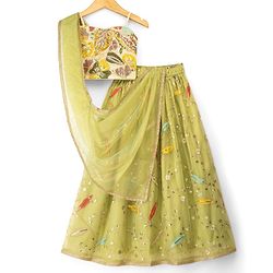 Pine Kids Woven Sleeveless Choli Lehenga Set With Dupatta & Sequin Floral Detailing - Olive Green