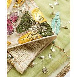 Pine Kids Woven Sleeveless Choli Lehenga Set With Dupatta & Sequin Floral Detailing - Olive Green