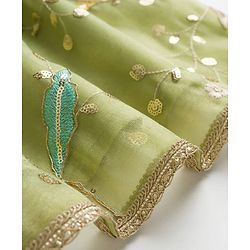 Pine Kids Woven Sleeveless Choli Lehenga Set With Dupatta & Sequin Floral Detailing - Olive Green