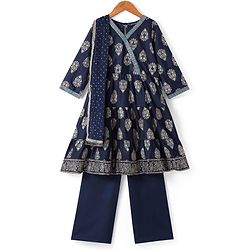 Pine Kids Viscose Woven Full Sleeves Kurta Salwar & Dupatta Set With Floral Foil Print - Navy Blue
