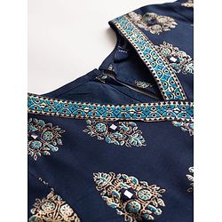 Pine Kids Viscose Woven Full Sleeves Kurta Salwar & Dupatta Set With Floral Foil Print - Navy Blue