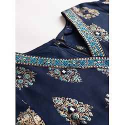 Pine Kids Viscose Woven Full Sleeves Kurta Salwar & Dupatta Set With Floral Foil Print - Navy Blue