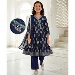 Pine Kids Viscose Woven Full Sleeves Kurta Salwar & Dupatta Set With Floral Foil Print - Navy Blue