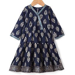 Pine Kids Viscose Woven Full Sleeves Kurta Salwar & Dupatta Set With Floral Foil Print - Navy Blue