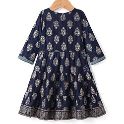 Pine Kids Viscose Woven Full Sleeves Kurta Salwar & Dupatta Set With Floral Foil Print - Navy Blue