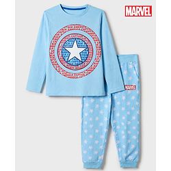 Pine Kids Marvel 100% Cotton Single Jersey Knit Full Sleeves T-Shirt & Pajama Night Suit with Captain America Graphic Print - Light Blue