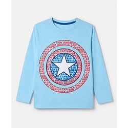 Pine Kids Marvel 100% Cotton Single Jersey Knit Full Sleeves T-Shirt & Pajama Night Suit with Captain America Graphic Print - Light Blue
