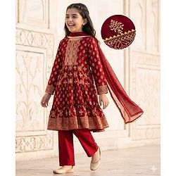 Pine Kids Woven Full Sleeves Kurta Salwar Set With Floral Foil Print & Dupatta - Maroon