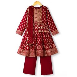 Pine Kids Woven Full Sleeves Kurta Salwar Set With Floral Foil Print & Dupatta - Maroon