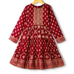 Pine Kids Woven Full Sleeves Kurta Salwar Set With Floral Foil Print & Dupatta - Maroon