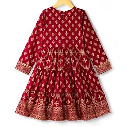 Pine Kids Woven Full Sleeves Kurta Salwar Set With Floral Foil Print & Dupatta - Maroon