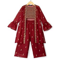 Pine Kids Woven Full Sleeves Indo Western Set With Floral Foil Print - Maroon