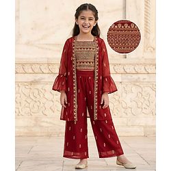 Pine Kids Woven Full Sleeves Indo Western Set With Floral Foil Print - Maroon