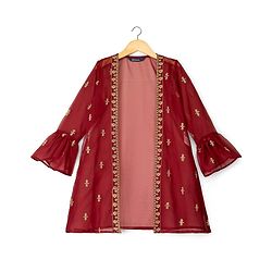 Pine Kids Woven Full Sleeves Indo Western Set With Floral Foil Print - Maroon
