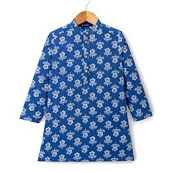 Pine Kids 100% Cotton Woven Full Length Floral Printed Kurta - Navy Blue
