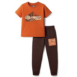 Pine Kids Cotton Knit Half Sleeves T-Shirt & Joggers Set with Text Print - Rust Orange