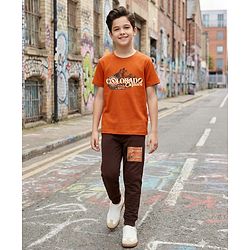 Pine Kids Cotton Knit Half Sleeves T-Shirt & Joggers Set with Text Print - Rust Orange
