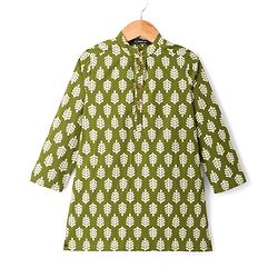 Pine Kids 100% Cotton Woven Full Length Leaves Printed Kurta  - Green