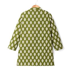 Pine Kids 100% Cotton Woven Full Length Leaves Printed Kurta  - Green