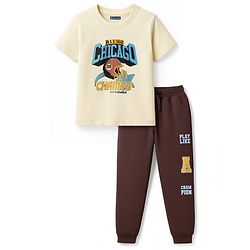 Pine Kids Cotton Knit Half Sleeves T-Shirt & Joggers Set with Text Print - Brown