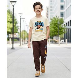 Pine Kids Cotton Knit Half Sleeves T-Shirt & Joggers Set with Text Print - Brown