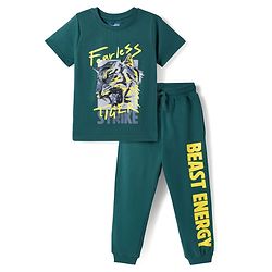 Pine Kids Cotton Knit Half Sleeves T-Shirt & Lounge Pant Set with Text Graphic - Green