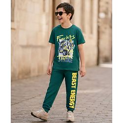 Pine Kids Cotton Knit Half Sleeves T-Shirt & Lounge Pant Set with Text Graphic - Green