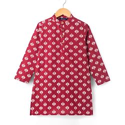 Pine Kids Cotton Woven Full Sleeves Kurta with Floral Print - Red