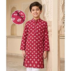 Pine Kids Cotton Woven Full Sleeves Kurta with Floral Print - Red