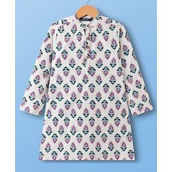 Pine Kids 100% Cotton Woven Full Sleeves Floral Printed Kurta - White