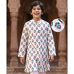 Pine Kids 100% Cotton Woven Full Sleeves Floral Printed Kurta - White