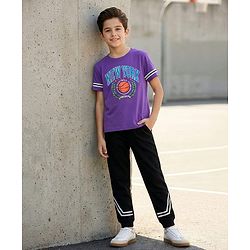 Pine Kids Cotton Knit Half Sleeves T-Shirt & Joggers Set with Text Print - Purple