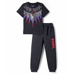 Pine Kids Cotton Knit Half Sleeves T-Shirt & Lounge Pant Set with Text Graphic - Black