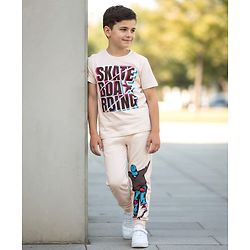 Pine Kids Cotton Knit Half Sleeves T-Shirt & Joggers Set With Skateboarding Print - Beige