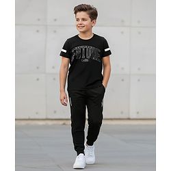 Pine Kids Cotton Knit Half Sleeves T-Shirt & Joggers Set With Future Print - Black