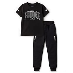 Pine Kids Cotton Knit Half Sleeves T-Shirt & Joggers Set With Future Print - Black