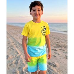 Pine Kids Single Jersey Knit Half Sleeves T-Shirt & Shorts Set with Beach Theme Print - Yellow