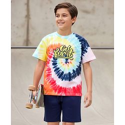 Pine Kids Single Jersey Knit Half Sleeves T-Shirt & Shorts Set with Text Print - Navy Blue