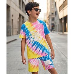 Pine Kids Single Jersey Knit Half Sleeves Co-ords T-Shirt & Shorts Set with Text Graphic - Multicolor