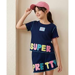 Pine Kids Single Jersey Knit Half Sleeves T-Shirt & Shorts Set with Text Graphic - Navy Blue