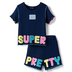 Pine Kids Single Jersey Knit Half Sleeves T-Shirt & Shorts Set with Text Graphic - Navy Blue