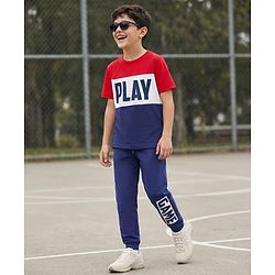 Pine Kids Cotton Knit Half Sleeves Cut & Sew T-Shirt & Lounge Pant Set with Text Graphic - Navy Blue