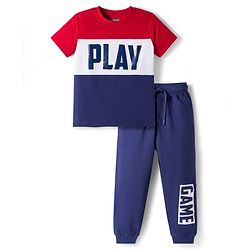 Pine Kids Cotton Knit Half Sleeves Cut & Sew T-Shirt & Lounge Pant Set with Text Graphic - Navy Blue