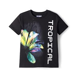 Pine Kids Cotton Knit Half Sleeves T-Shirt & Shorts Set with Tropical Print - Black & Limegreen