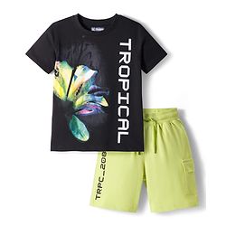 Pine Kids Cotton Knit Half Sleeves T-Shirt & Shorts Set with Tropical Print - Black & Limegreen