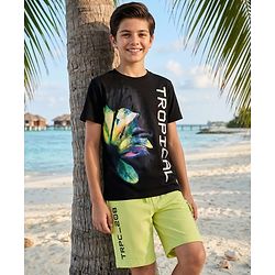 Pine Kids Cotton Knit Half Sleeves T-Shirt & Shorts Set with Tropical Print - Black & Limegreen