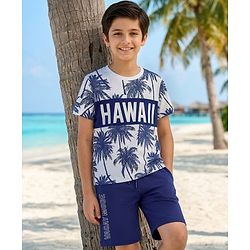 Pine Kids Cotton Knit Half Sleeves T-Shirt & Shorts Set with Beach Theme Print - Navy Blue