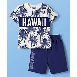 Pine Kids Cotton Knit Half Sleeves T-Shirt & Shorts Set with Beach Theme Print - Navy Blue