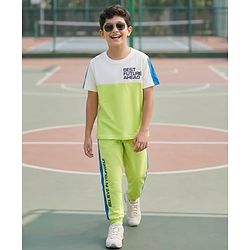 Pine Kids Cotton Knit Half Sleeves T-Shirt & Lounge Pant Set With Text Print - White & Lime Green